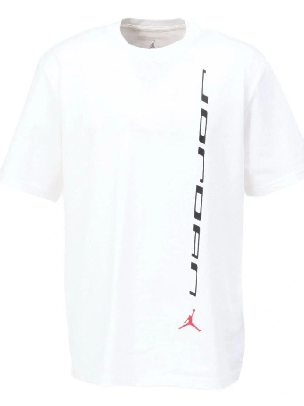 Jordan White Short Sleeve Tee with Black Vertical Logo and Red Jumpman